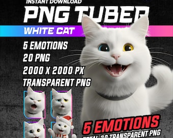 Weiße Katze PNGTuber | Odd Eyes, 5 Emotions (Digitaler Download)