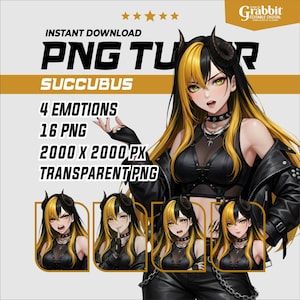 Puede incluir: Gráfico de descarga digital que presenta un personaje de súcubo con cabello negro y amarillo, cuernos y múltiples expresiones. La imagen incluye el texto "PNG TU", "4 EMOTIONS", "16 PNG" y "2000 X 2000 PX TRANSPARENT PNG".