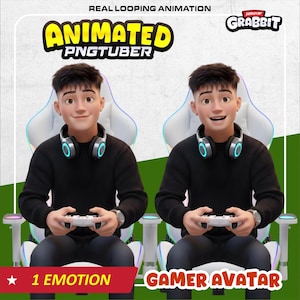 May include: Animated PNGTuber Gamer Avatar graphic. The image features a cartoon avatar of a young person wearing a black sweater, headphones, and holding a game controller. The text "Animated PNGTuber" and "Gamer Avatar" are displayed.