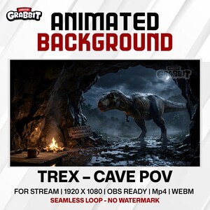 Op de afbeelding: Geanimeerde achtergrond met een Tyrannosaurus Rex in een grot. De tekst luidt "ANIMATED BACKGROUND" en "TREX - CAVE POV". Een vuur brandt bij een mok en een bord waarschuwt voor een dinosaurusgebied. Ontworpen voor streaming.