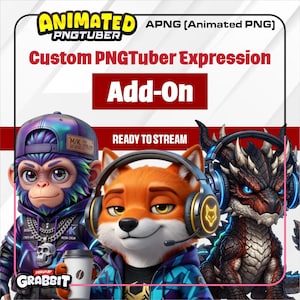 May include: An animated PNGTuber custom expression add-on featuring three characters: a purple monkey in a cap, a fox wearing headphones, and a dark dragon with blue glowing accents. The text reads Animated PNGTuber, Custom PNGTuber Expression, Add-On, Ready to Stream, and Grabbit.