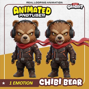 Chibi pngTuber Bear Cyberpunk-tuigage (1 emotie), mannelijk beer Vtuber-model | Grizzly PNG-knol | Gaming-pngTuber | Klaar voor Veadotube