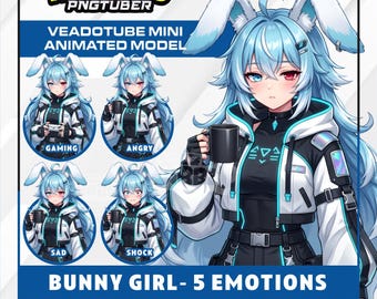 Cyber Bunny Girl PNGTuber Modell | Blauhaarkaninchen vtuber model | Futuristisches Gamer Girl PNG | Veadotube Streamer Profilbild | 5 Ausdrücke