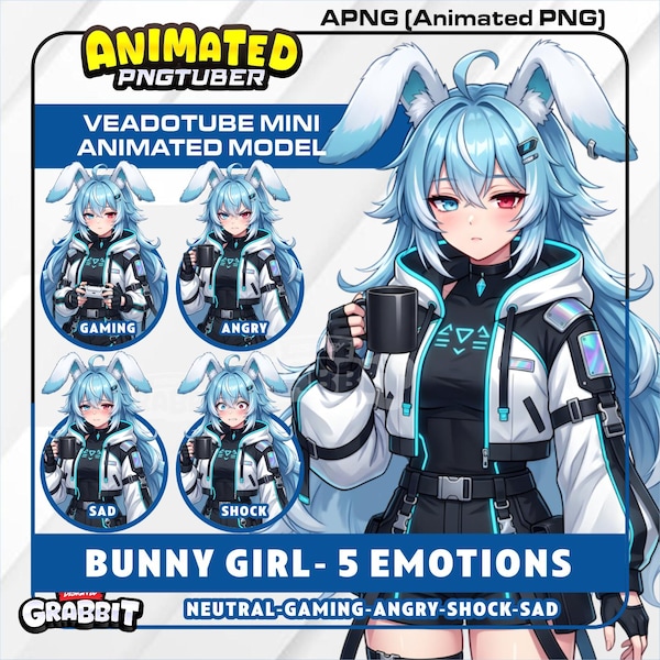 Cyber Bunny Girl PNGTuber Model | Blue Hair Rabbit vtuber model | Futuristic Gamer Girl PNGTuber | Veadotube Streamer Avatar | 5 expressions