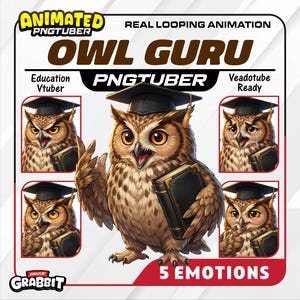 May include: Animated PNGTuber graphic featuring an owl wearing a graduation cap and holding a book. The owl has brown and white feathers and is shown with five different emotions. Text includes "OWL GURU", "Education Vtuber", "PNGTuber", and "Veadotube Ready".