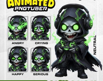 PNGTuber Cyber Grim Reaper Animiert (5 Emotionen), Dark Horror Vtuber Modell | Gothic männlich PNGtuber | Schädel PNGTuber | Veadotube Bereit