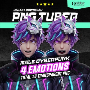 PNGTuber Männliches Model | Cyberpunk Kitsune Anime Junge | 4 Ausdruck PNG Portrait für Streamer | Neon RGB PNG PNG Tube Modell | vtuber model männlich