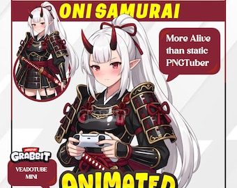 Animiertes Oni-Samurai-Mädchen (PNGTuber) | Japanischer Fantasy-Anime-VTuber | Roter Teufel-Avatar | Animiertes PNG für Veadotube (2 Versionen)