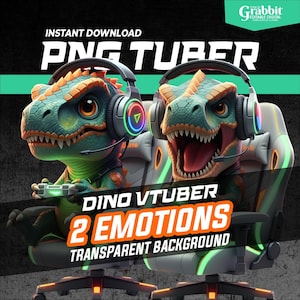 May include: Digital graphic featuring two cartoon dinosaurs with headsets, sitting in gaming chairs. The dinosaurs are teal and orange, with one holding a controller and the other with an open mouth. Text includes "PNG TUBER", "DINO VTUBER", "2 EMOTIONS", and "TRANSPARENT BACKGROUND".