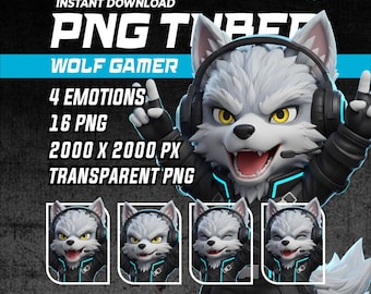Chibi Wolf Gamer PNGTuber Modèle | 4 émotions (téléchargement numérique)