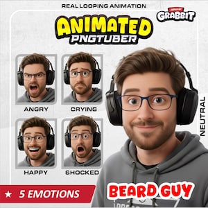 Könnte beinhalten: Animierte PNGTuber-Grafik mit einem Cartoon-Mann mit Brille und Kopfhörern, der fünf Emotionen zeigt: wütend, weinend, glücklich, schockiert und neutral. Der Text "BEARD GUY" ist ebenfalls sichtbar.