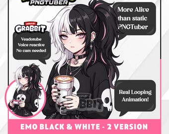Goth-Girl-PNGTuberin | Animierte PNG-VTuberin | Schwarz-Weiß-Emo-Girl-Avatar | Gemütliches VTuber-Model | Veadotube Mini