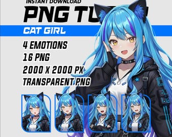 PNGtuber Katzenmädchen-Avatar | 4 Emotionen PNG-Pack | Niedliches Vtuber Model für Stream, Twitch, YouTube, Veadotube Mini | 16 PNGs | Blaues Haar vtuber