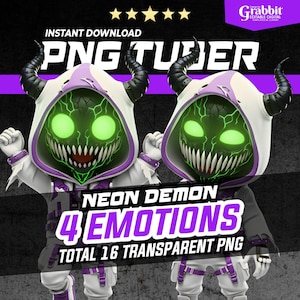 May include: Digital PNG Tubers featuring a neon demon design. The image shows two figures with glowing green eyes and teeth, wearing white and purple hooded outfits. The text reads "NEON DEMON 4 EMOTIONS TOTAL 16 TRANSPARENT PNG".