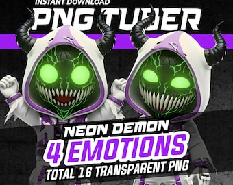 Modelo PNGTuber Neon Demon / 4 Emociones / 16 PNG / Avatar Vtuber Diablo Masculino / Modelo PNG prediseñado para tuber / Modelo de Twitch con fondo transparente