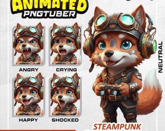 PNGTuber Fuchs Gamer Steampunk Animiert ( 5 Emotionen ), Männliches Vtuber Modell | Fuchs PNGtuber | Gaming PNG | Veadotube Kompatibel