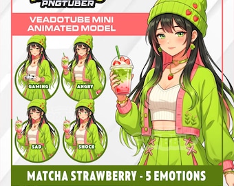 Animiertes PNG-Bild eines Erdbeer-Matcha-Mädchens | Gemütliche Anime-VTuberin | Gamerin im Café-Stil | Animiertes PNG für Veadotube | 5 Gesichtsausdrücke