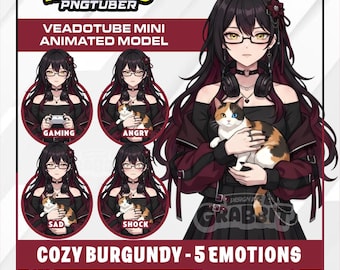 Animiertes Gothic-Mädchen-PNGTuber-Modell | Schwarz-burgunderfarbener Anime-PNG-Avatar | Gemütliche Katze (PNGTuber) | Dunkel-feminine Veadotube-Minifigur | 5 Gesichtsausdrücke