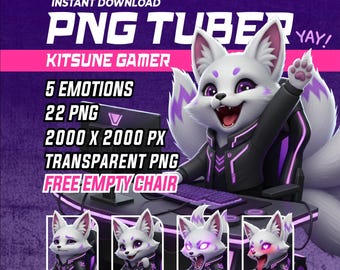 PNGTuber Kitsune Gamer Vtuber Modell | 5 Gefühle | 22 PNG | Weißer Fuchs Vtuber Avatar | Vorgefertigtes PNG Knollenmodell | Twitch Chibi Kitsune Emotes
