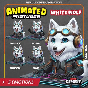 PNGTuber White Wolf Gamer Animated ( 5 Emotions ), Cyberpunk Vtuber Model | Wolf Streamer PNG tuber  | Veadotube Compatible | Voice reactive