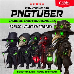 Puede incluir: Imagen digital que presenta cinco personajes de Doctor de la Peste, cada uno con diseños y accesorios distintos. La imagen incluye el texto "PNGTUBER" y "PLAGUE DOCTOR BUNDLES". Los personajes están en diferentes poses.