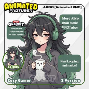 Peut inclure: Graphique PNGTuber animé d'une joueuse confortable avec des cheveux noirs et verts, portant un casque et un pull gris, tenant une tasse en forme de fantôme. Le texte comprend "Cozy Gamer", "Real Looping Animation!" et "More Alive than static PNGTuber."