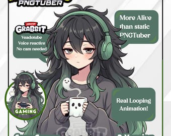 Gemütliches PNGTuber Modell, Salbeigrüner gemütlicher Gamer Vtuber Charakter, Animiertes PNG (APNG) für Veadotube Mini