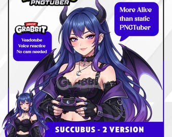 Blaue Succubus PNGTuber-Model | Gothic-Dämonenmädchen-Anime-PNG-Avatar | Lila Fantasy VTuber | Veadotube Mini-Avatar