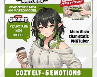 PNGTuber animado Elfo acogedor / 5 emociones incluyen modo de juego / Modelo mini APNG Veadotube / Avatar de VTuber elfo anime / PNG Tuber de juegos