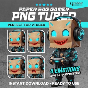 May include: Digital PNG bundle featuring a Paper Bag Gamer character with four different emotions. The character wears a black jacket, headphones, and holds a game controller. The text reads "Instant Download - Ready to Use".