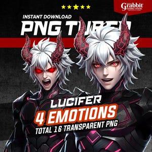 May include: Digital graphic featuring two illustrations of a character with white hair, red eyes, and horns. The character is depicted with four different emotions. Text includes "LUCIFER," "4 EMOTIONS," and "TOTAL 16 TRANSPARENT PNG."