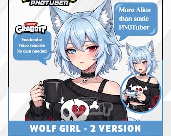 Blauer Wolf PNGTuber Animiertes Modell | Gemütlicher Wolf-Mädchen Anime PNG Karabiner | 2 Ausdrücke | Veadotube MiniAvatar