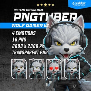 May include: Digital download graphic featuring a cartoon wolf character wearing a headset, labeled "WOLF GAMER V2." The image includes four different emotional expressions, 16 PNG files, and is 2000 x 2000 pixels with a transparent background.