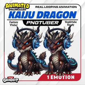 May include: Animated PNGTuber image featuring two Kaiju Dragon characters. The dragons have red, black, and white scales, blue eyes, and wear glowing blue headphones. The image includes text that reads "KAIJU DRAGON", "PNGTUBER", and "1 EMOTION".