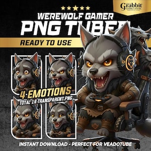 May include: Digital graphic featuring a werewolf gamer with headphones, holding a game controller. The image includes the text "WEREWOLF GAMER PNG TUBE READY TO USE" and displays four different emotions. The image is designed for digital use.
