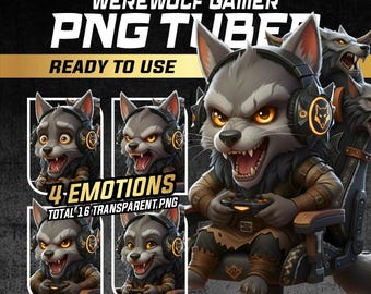 PNGTuber Loup-garou Gamer | 4 émotions | 16 PNG | Avatar Vtuber Loup mâle | Tubercule PNG préfabriqué | Modèle Vtuber mâle loup-garou Twitch