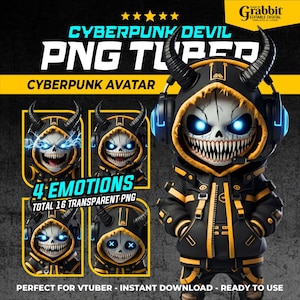 May include: A digital graphic featuring a cyberpunk devil avatar with a skull face, horns, and a black and yellow outfit. The image includes four different emotion variations and the text "CYBERPUNK DEVIL PNG TUBED".