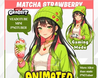 Animiertes Erdbeer-Matcha-Mädchen (PNGTuber) | Pink-grüner VTuber | Gemütlicher grüner PNG-Tuber | Animiertes PNG für Veadotube – 2 Versionen