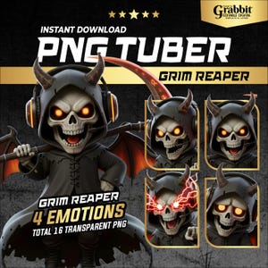 May include: Digital PNG file showcasing a Grim Reaper character with four different emotional expressions. The reaper is a cartoon skeleton wearing a headset and holding a scythe. The image includes the text "PNG Tuber" and "Grim Reaper".