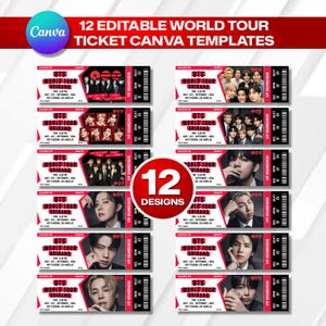 Op de afbeelding: Twaalf bewerkbare Canva-sjablonen voor wereldtourneekaartjes. Elk kaartontwerp bevat de tekst "BTS World Tour Arirang" met evenementdetails. De kaartjes hebben een zwart, rood en wit kleurenschema, met afbeeldingen van de bandleden.