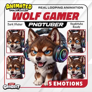 Peut inclure: Graphique PNGTuber animé d'un loup brun aux yeux bleus portant un casque. L'image comprend le texte "WOLF GAMER" et "5 EMOTIONS". Le texte supplémentaire comprend "Dark Vtuber", "PNGTuber" et "Veadotube Ready".