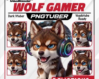 Animierter Wolf Gamer PNGTuber, Chibi Hund Vtuber Charakter, Veadotube Kompatibel
