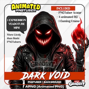 Pode incluir: Uma ilustração digital de personagem intitulada DARK VOID apresentando uma figura encapuzada em uma jaqueta de couro preta com um rosto vermelho brilhante e dentes afiados. A figura segura uma bola de fogo vermelha. Texto: ANIMATED PNGTUBER.
