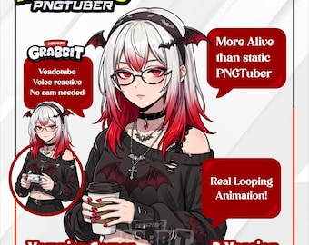 Può includere: Grafica PNGTuber animata di una gamer vampiro con capelli bianchi e rossi, occhiali e un outfit nero. Le nuvolette di testo includono frasi come "Più vivo di PNGTuber statici" e "Animazione in loop reale!"
