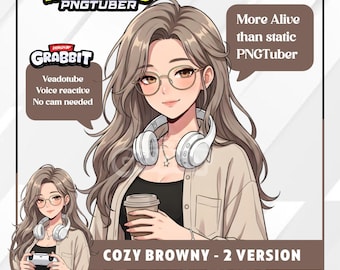 Gemütlicher brauner animierter PNGTuber-Avatar | Aschbraunes Haar, Brille, Gamer-Girl (Veadotube) | Gemütlicher Streamer PNGTuber | 2 Versionen