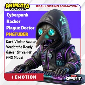 May include: A digital illustration of a Plague Doctor character with a cyberpunk aesthetic. The character wears a black hooded jacket, a bird-like mask, and is seated at a computer. Text includes "Cyberpunk Hacker Plague Doctor PNGTUBER" and "HACK THE PLANET."