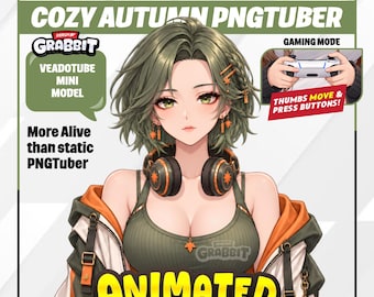 PNGTuber de Jade Green Autumn Gamer / Modelo de juegos de otoño acogedor / vTuber de Olive Green Orange / PNG Tuber animada / Avatar de chica gamer