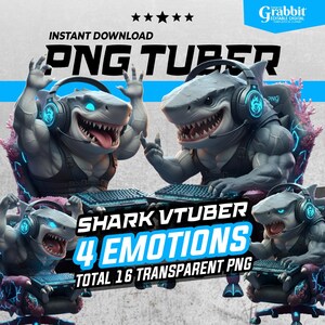 May include: Digital graphic showing four shark characters with headsets, keyboards, and blue glowing details. Text includes "SHARK VTUBER 4 EMOTIONS TOTAL 16 TRANSPARENT PNG" and "INSTANT DOWNLOAD PNG TUBER".