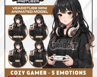 Animiertes, gemütliches Gamer-Girl-PNGTuber-Modell in Braun | Kakaobrauner Anime-PNG-Avatar | Gemütliche Streamerin (PNGTuber) | Veadotube Mini | 5 Gesichtsausdrücke