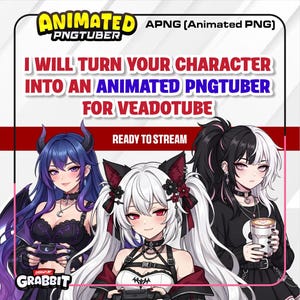 May include: A digital graphic featuring three anime-style characters with distinct hair colours and outfits. Text reads: ANIMATED PNGTUBER, I WILL TURN YOUR CHARACTER INTO AN ANIMATED PNGTUBER FOR VEADOTUBE, and READY TO STREAM. The logo GRABBIT is at the bottom.